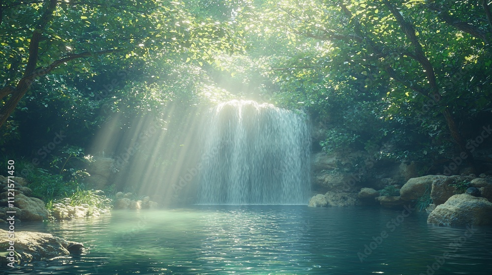 Sunbeams illuminate a serene waterfall cascading into a tranquil pool nestled within a lush green forest.