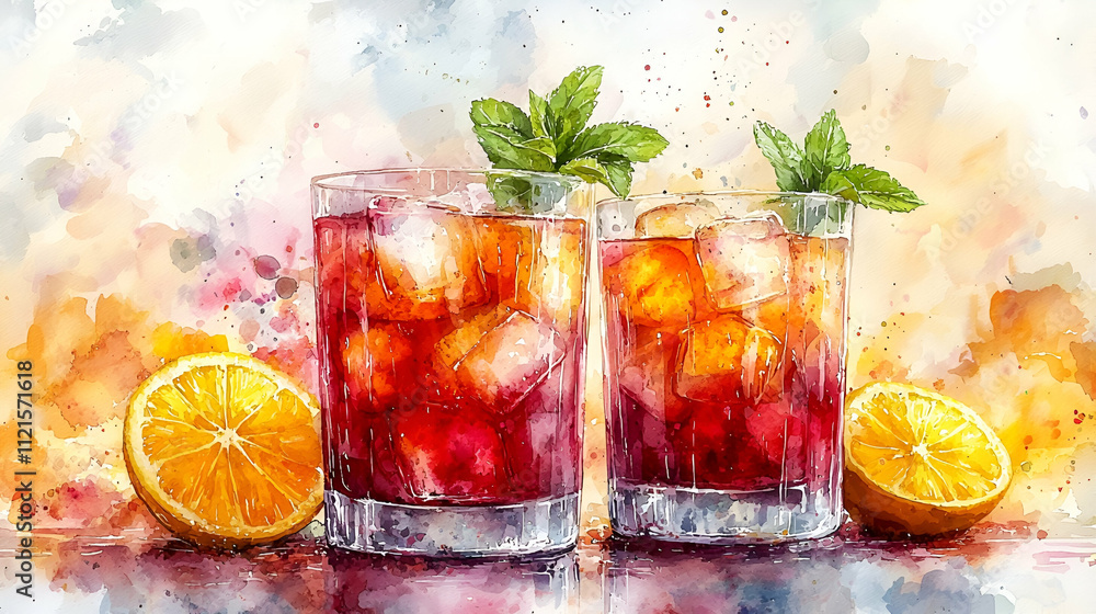 Fototapeta premium Two refreshing cocktails with ice and mint, accompanied by orange slices, presented in a vibrant watercolor style.