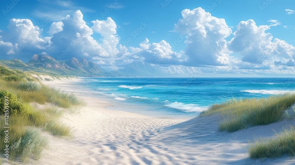 Coastal Paradise: Serene Beach Scenery with Majestic Mountains and Fluffy Clouds
