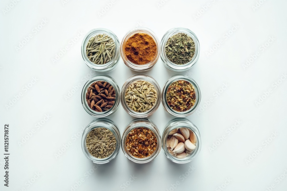 Jars of Various Spices and Seeds on a White Surface Jars of Various Spices and Seeds on a White Surface