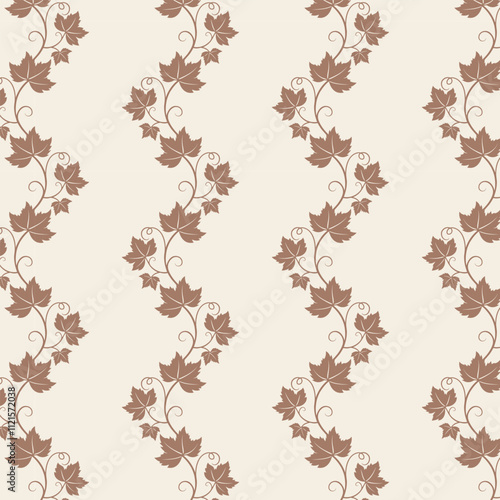 Grape vine with leaves pattern, brown chocolate vine silhouette, color 2025 mocha mousse, beige background.