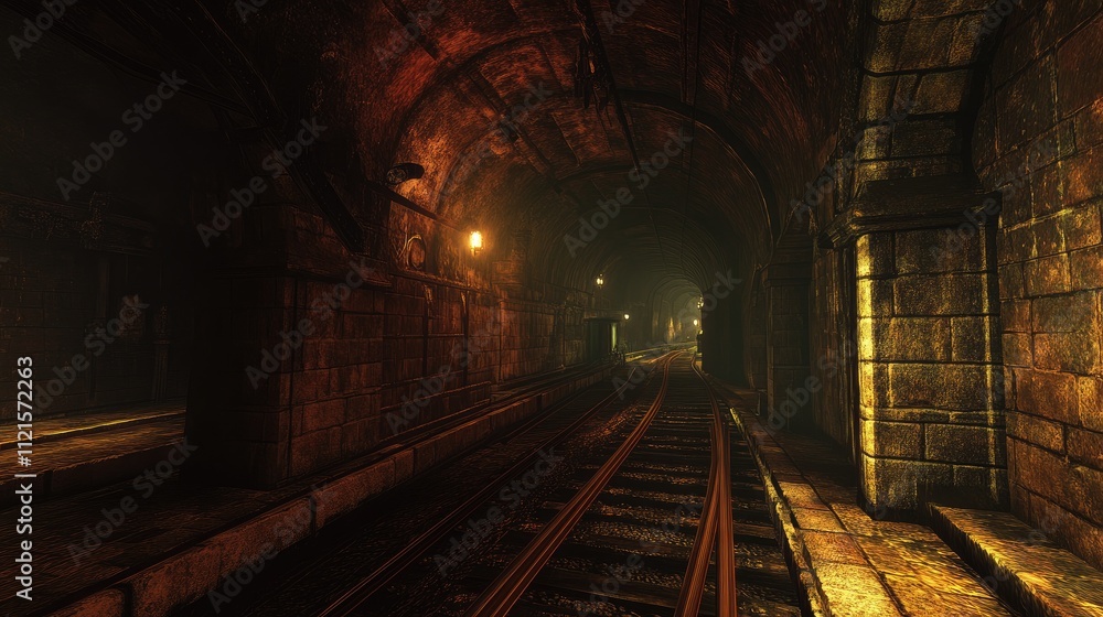 A shot of train tracks cutting through a tunnel with light at the end, creating a dramatic contrast of shadow and light A shot of train tracks cutting through a tunnel with light at the end, creating a dramatic contrast of shadow and light