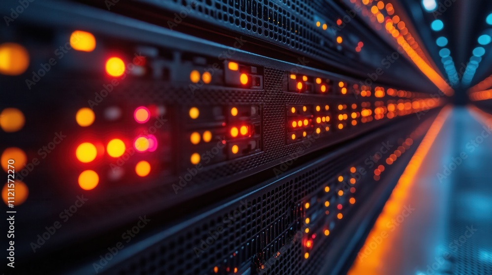 A row of computer servers with orange lights on them A row of computer servers with orange lights on them