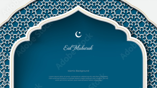 eid mubarak greeting card. arabic islamic background with white and blue color