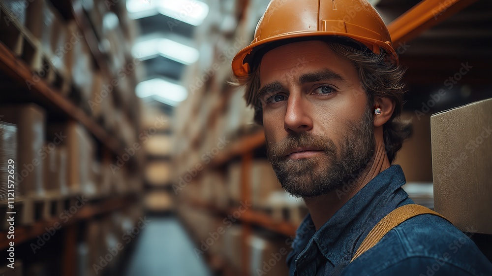 A man wearing a hard hat and safety glasses is standing in a warehouse A man wearing a hard hat and safety glasses is standing in a warehouse