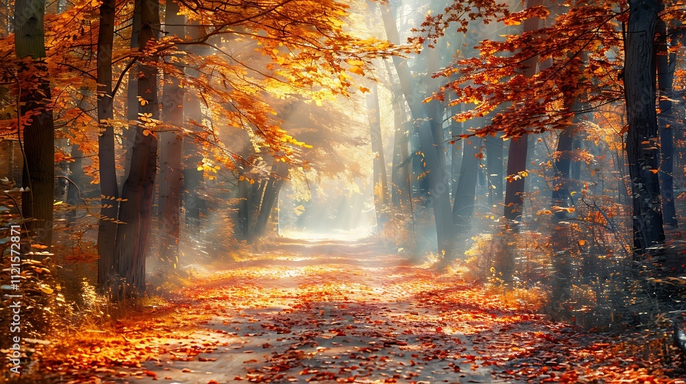 Serene forest pathway covered in autumn leaves with sunlight filtering through trees Serene forest pathway covered in autumn leaves with sunlight filtering through trees