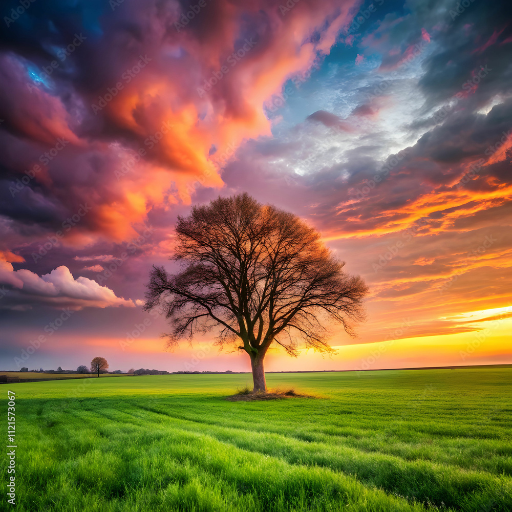 Fototapeta premium field covered in greenery with a bare tree under a shadow