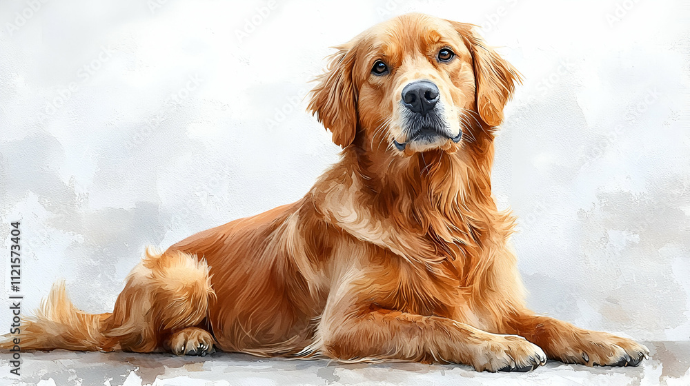 A golden retriever lies gracefully, showcasing its beautiful fur and calm demeanor against a soft, muted background.