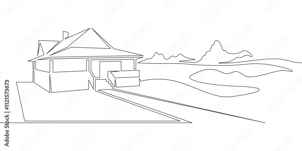 Obraz premium Continuous one line drawing residential country house. House against the backdrop of nature. Landscape design of a house in the suburbs..One continuous line isolated minimal illustration.Not AI.
