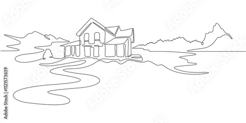 Continuous one line drawing  residential country house. House against the backdrop of nature. Landscape design of a house in the suburbs..One continuous line isolated minimal illustration.Not AI.