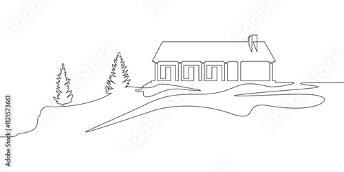 Continuous one line drawing  residential country house. House against the backdrop of nature. Landscape design of a house in the suburbs..One continuous line isolated minimal illustration.Not AI.