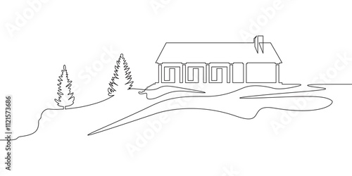 Continuous one line drawing  residential country house. House against the backdrop of nature. Landscape design of a house in the suburbs..One continuous line isolated minimal illustration.Not AI.