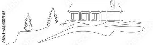 Continuous one line drawing  residential country house. House against the backdrop of nature. Landscape design of a house in the suburbs..One continuous line isolated minimal illustration.Not AI.