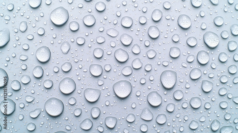 Translucent water droplets cascading, stark white background, clarity and purification concept Translucent water droplets cascading, stark white background, clarity and purification concept