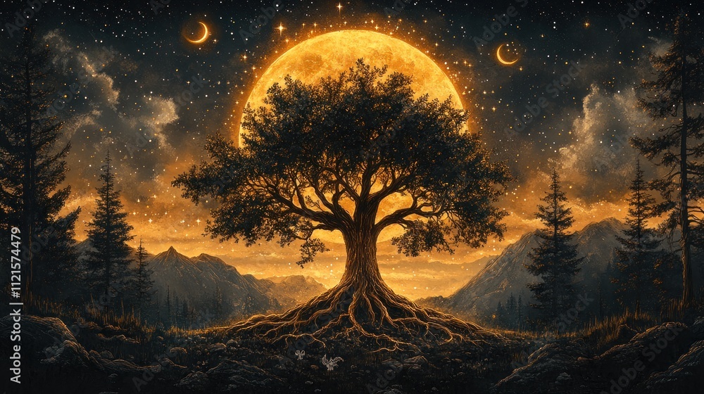 Here's a and keyword list for your image.. Mystical tree silhouetted against a giant moon and starry night sky. Here's a and keyword list for your image.. Mystical tree silhouetted against a giant moon and starry night sky.