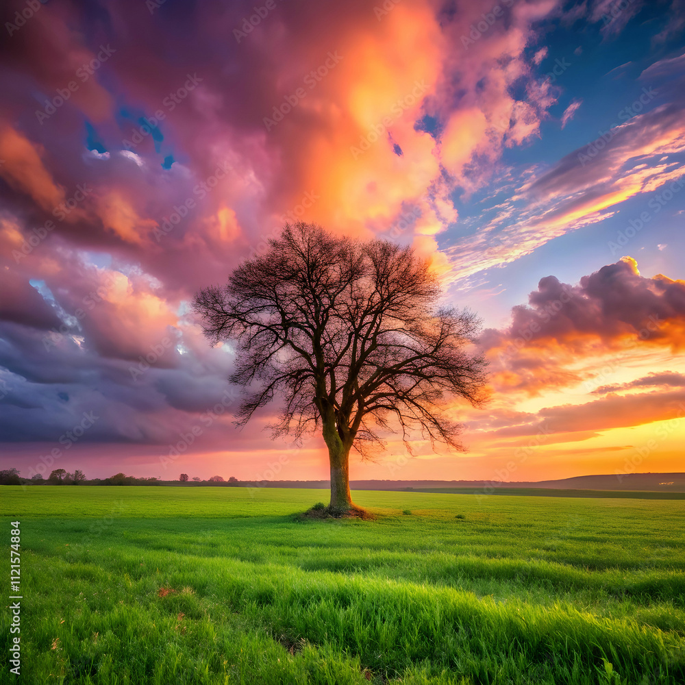 Fototapeta premium field covered in greenery with a bare tree under a shadow