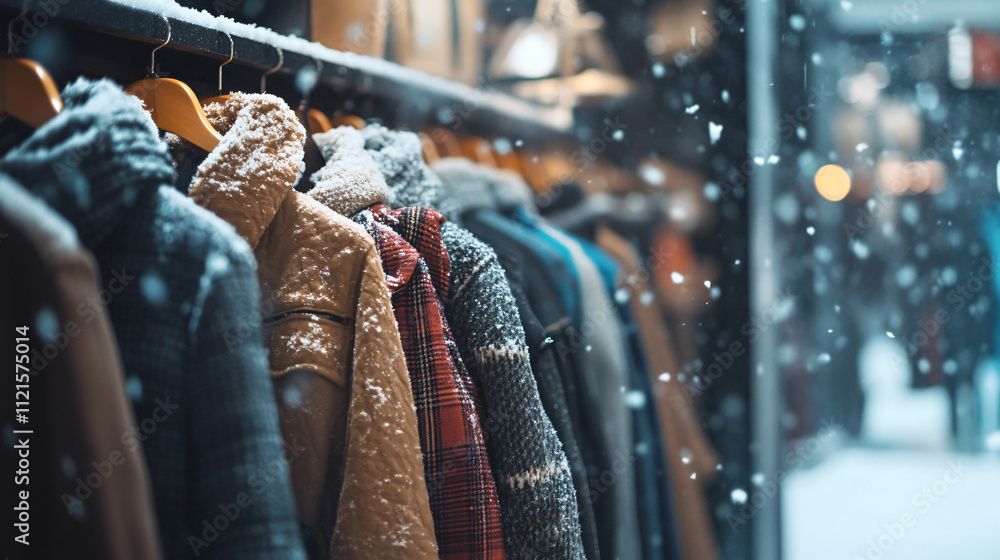A trendy winter fashion boutique with clothing racks displaying stylish winter jackets and scarves, with snow visible outside. A trendy winter fashion boutique with clothing racks displaying stylish winter jackets and scarves, with snow visible outside.