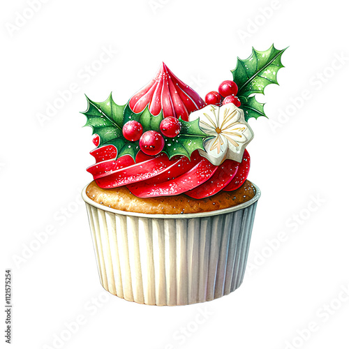 Christmas cupcake with Holly and Berries illustration in watercolor style on white background