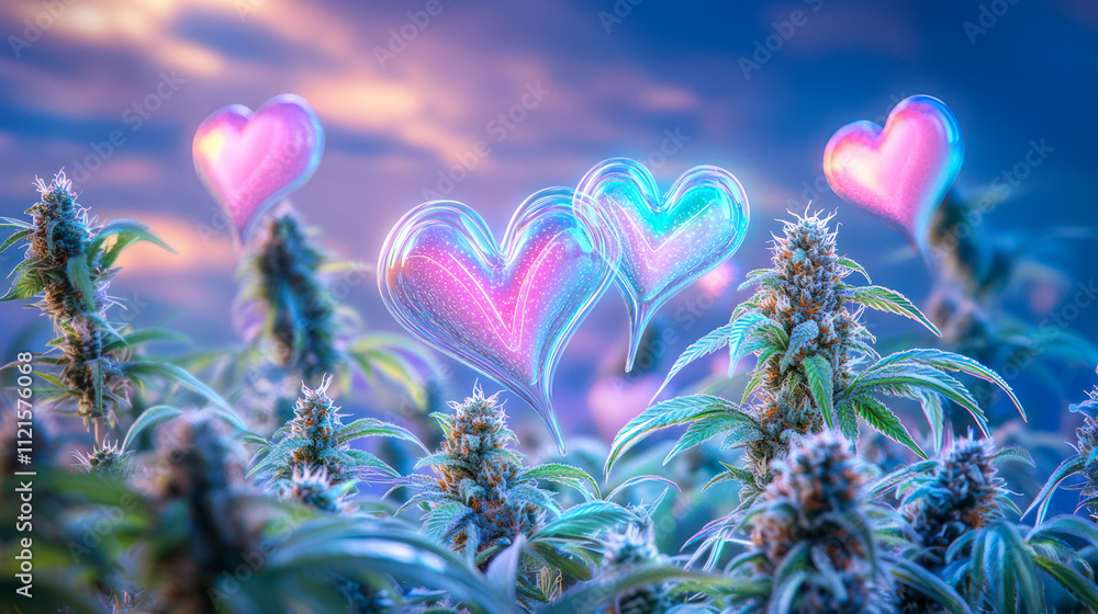 Cannabis plants with colorful hearts background, postcard design for St. Valentine's day Cannabis plants with colorful hearts background, postcard design for St. Valentine's day