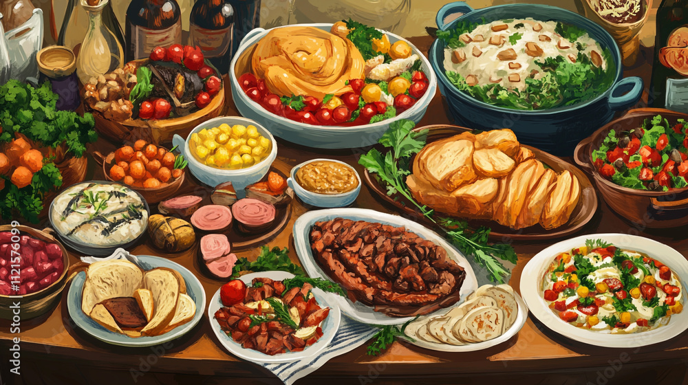 Numerous delicious snacks are surrounding on the table, Warm festive table setting with variety of dishes and foods, A vibrant table bursting with various dishes of various foods. Numerous delicious snacks are surrounding on the table, Warm festive table setting with variety of dishes and foods, A vibrant table bursting with various dishes of various foods.