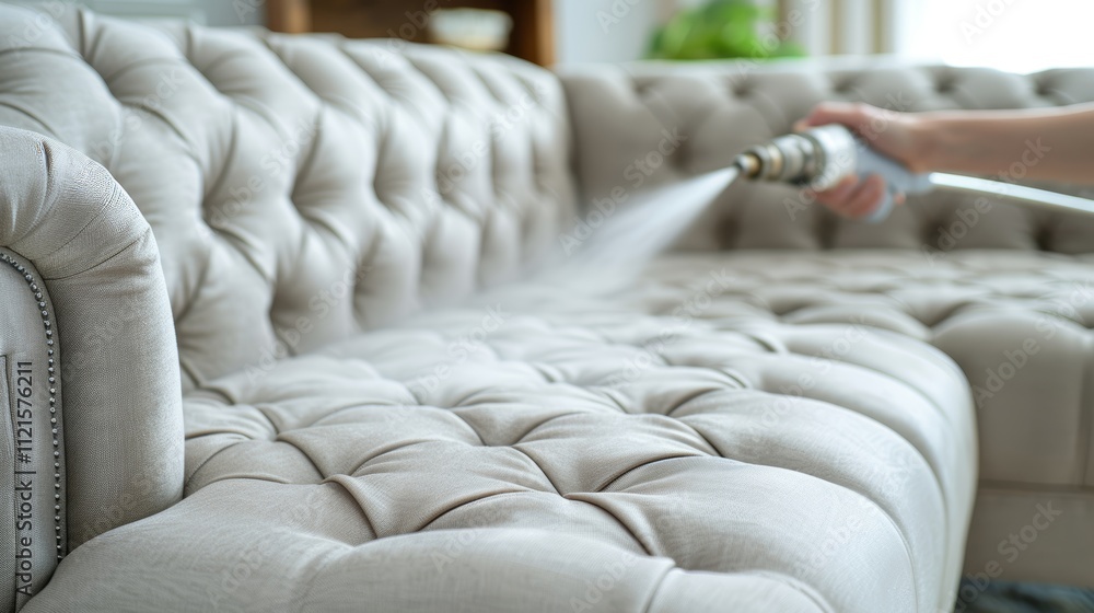 Fototapeta premium Professional sofa cleaning high pressure spraying to eliminate dust mites and deep clean textiles
