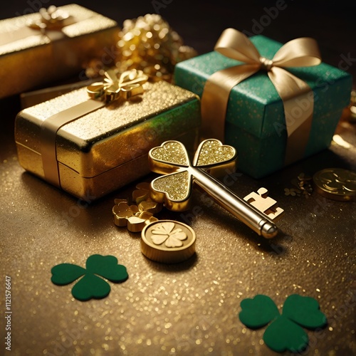 A golden key placed on a golden bar along with gold coins with designs , clover and gift box. photo