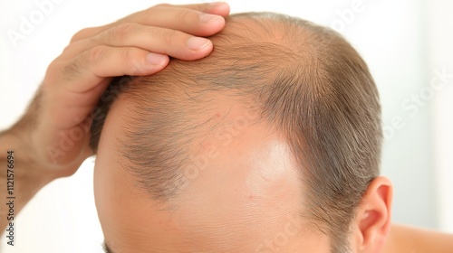 Person examining thinning hair in mirror, reflecting on aging and self-care. Embracing natural changes and prioritizing health and well-being.