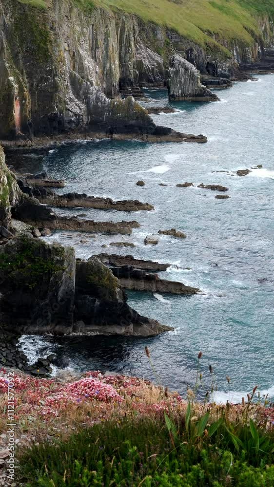 Rugged cliffs and dark rocks descend to a blue-green ocean. Waves lap against the shore. Vegetation clings to the clifftops. Rugged cliffs and dark rocks descend to a blue-green ocean. Waves lap against the shore. Vegetation clings to the clifftops.