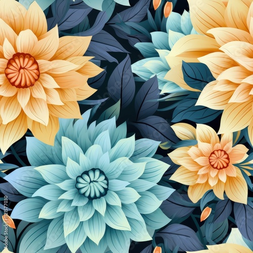 Seamless pattern with large, stylized teal and yellow flowers and dark leaves.