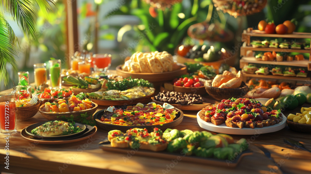 Numerous delicious snacks are surrounding on the table, Warm festive table setting with variety of dishes and foods, A vibrant table bursting with various dishes of various foods. Numerous delicious snacks are surrounding on the table, Warm festive table setting with variety of dishes and foods, A vibrant table bursting with various dishes of various foods.
