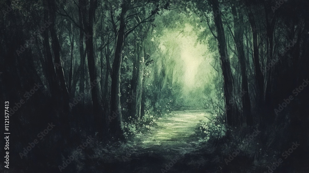 Fototapeta premium Dark forest path leads to light.