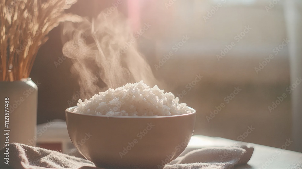 A steaming bowl of fluffy white rice served in a simple ceramic bowl, with soft tendrils of steam rising against a blurred neutral background A steaming bowl of fluffy white rice served in a simple ceramic bowl, with soft tendrils of steam rising against a blurred neutral background
