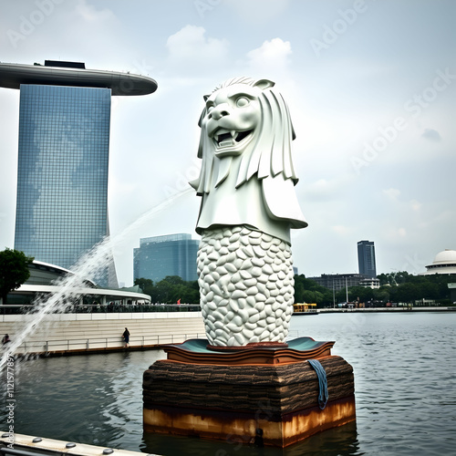 Merlion at marina bay symbol of singapore it is a mythical creature with lion head