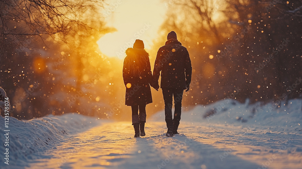Couple Walking at Sunset Winter Wonderland Romantic Scene Snowy Path Warm Glow Love in Nature Couple Walking at Sunset Winter Wonderland Romantic Scene Snowy Path Warm Glow Love in Nature