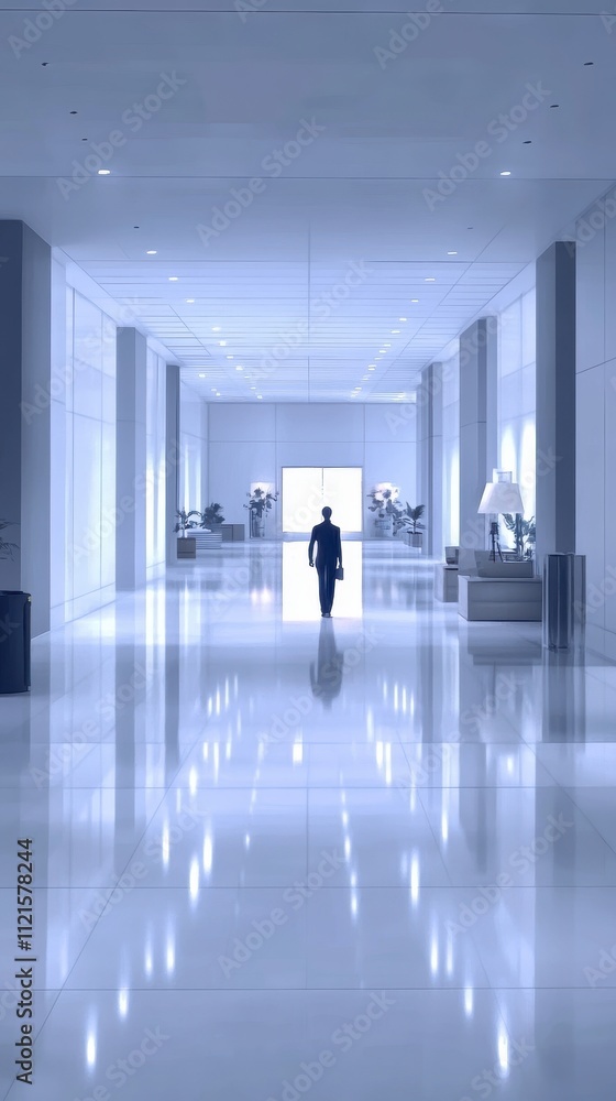 Minimalist Office Hallway with Lone Figure Minimalist Office Hallway with Lone Figure