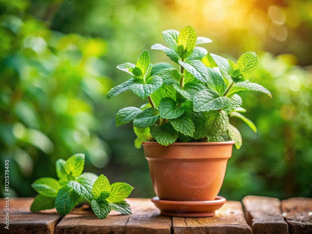 Fototapeta premium UK Garden Mint Plant, Potted Herb, Fresh Mint Leaves, Growing Mint, Homegrown Herbs, Mint in Pot, British Garden, Gardening UK, Herb Garden, Outdoor Plants