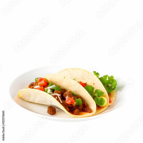 Mexican tacos with beef in tomato sauce and salsa in a plate