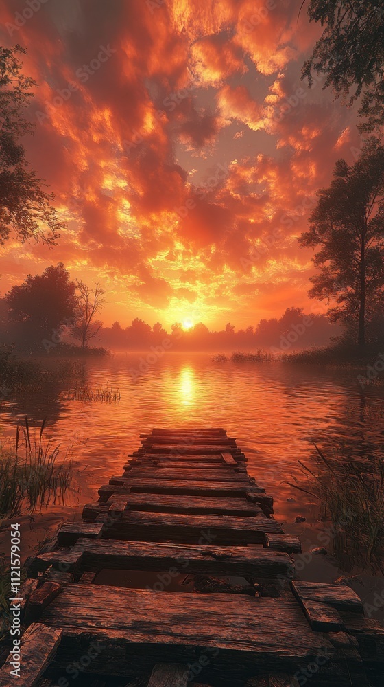 Stunning Sunrise Over a Misty Lake with a Wooden Pier. Breathtaking colors and a serene atmosphere. A perfect landscape for a peaceful morning.