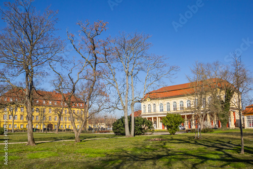 Park with historic buildings in the center of Merseburg, Germany