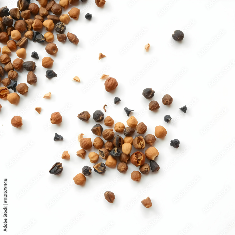 Mixed peppercorns on white flat lay vertical Mixed peppercorns on white flat lay vertical