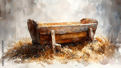 A rustic wooden crib resting on straw, evoking a serene, pastoral atmosphere.