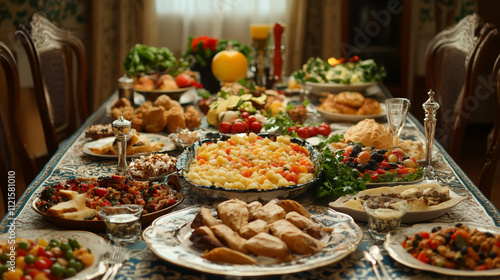 Numerous delicious snacks are surrounding on the table, Warm festive table setting with variety of dishes and foods, A vibrant table bursting with various dishes of various foods.