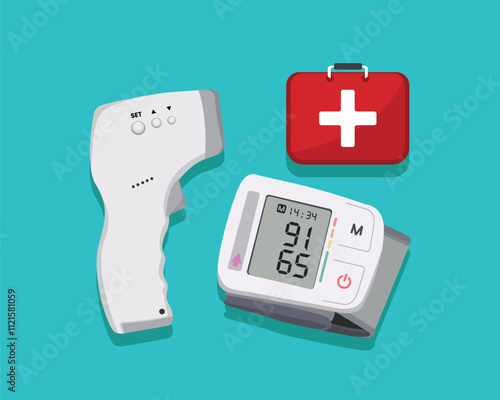 isolated medical objects, vector illustration of stethoscope, health bag, blood pressure monitor, oximeter, thermometer and medicine pills