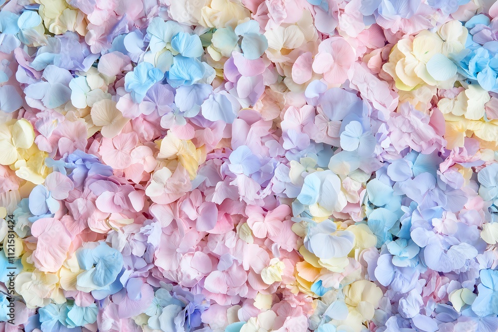 Fototapeta premium A colorful array of pastel flower petals in shades of pink, blue, and purple, creating a soft and dreamy aesthetic.