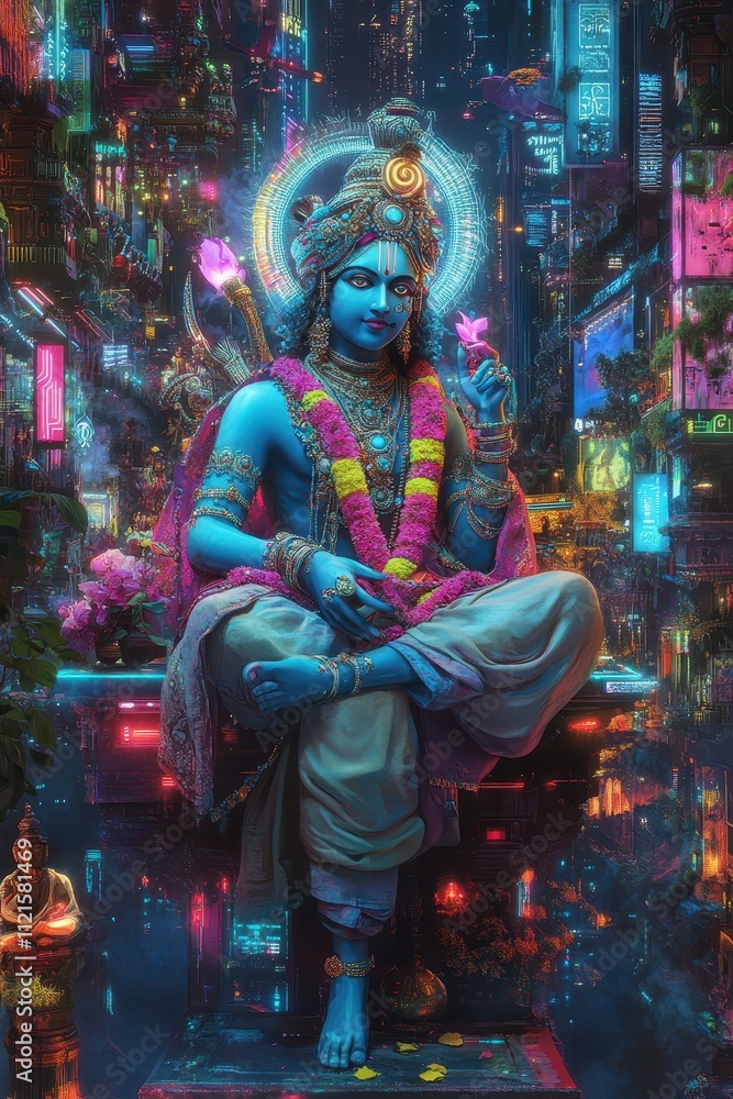 Fototapeta premium Krishna in a cyberpunk cityscape, surrounded by neon devotees and tech-enhanced sacred motifs, blending Hindu mythology with futuristic elements