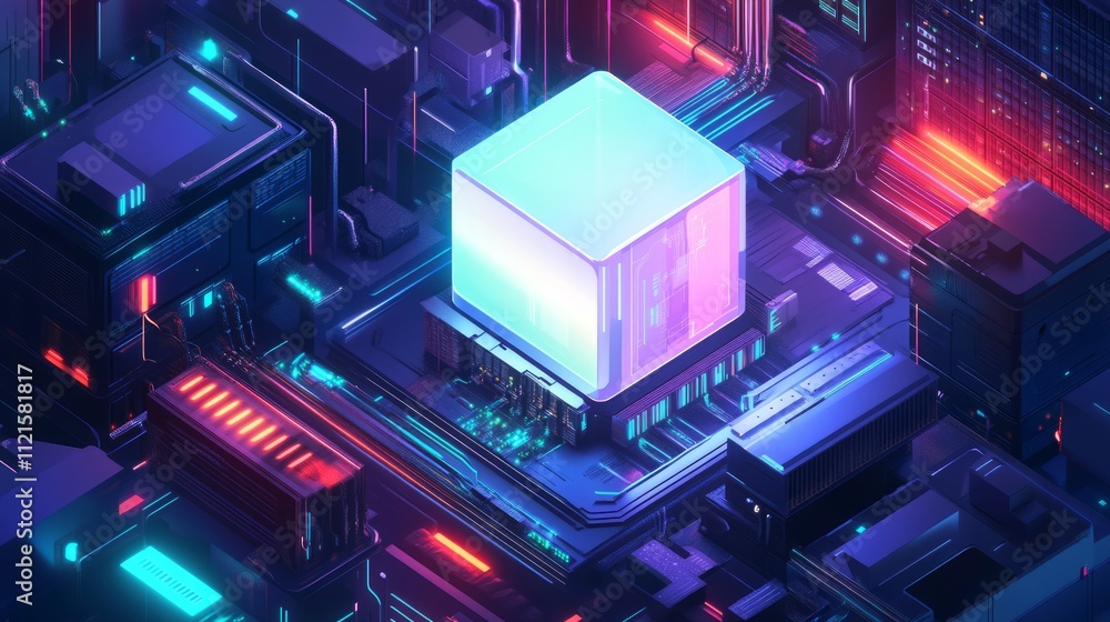 Glowing cube at the center of a complex circuit board. Glowing cube at the center of a complex circuit board.