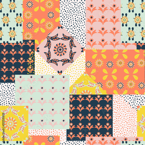 Patchwork colorful Background, abstract shapes, Flowers and Paisley. Decorative intricate quilting pattern, trendy geometric ornament. Vector