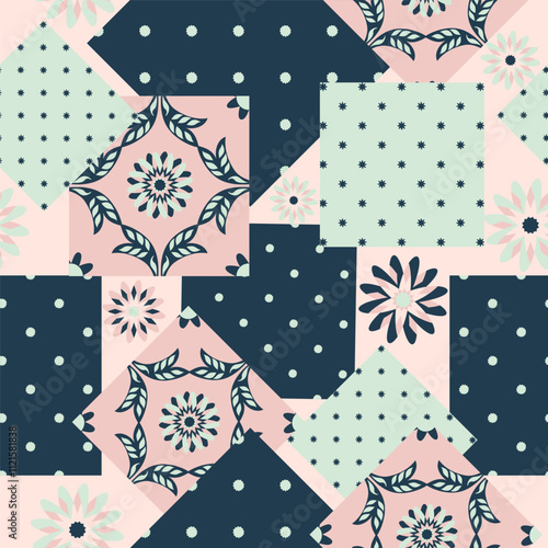 Patchwork colorful Background, abstract shapes, Flowers and Paisley. Decorative intricate quilting pattern, trendy geometric ornament. Vector