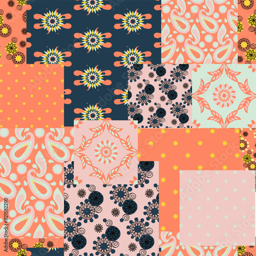 Patchwork colorful Background, abstract shapes, Flowers and Paisley. Decorative intricate quilting pattern, trendy geometric ornament. Vector