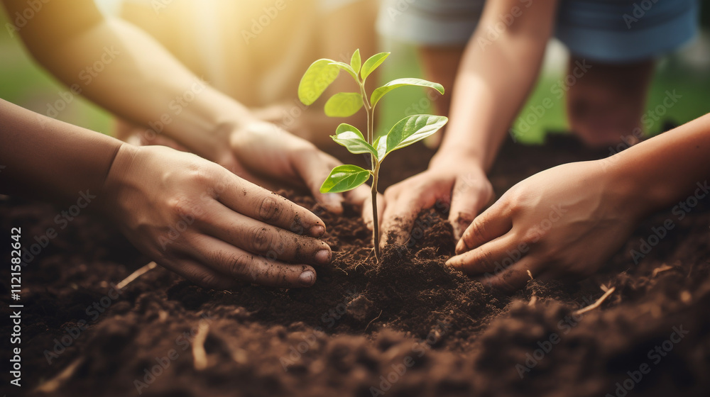 Caring human hands gently nurturing a small sprouting seedling planted in rich fertile soil representing the concepts of sustainable growth environmental preservation Caring human hands gently nurturing a small sprouting seedling planted in rich fertile soil representing the concepts of sustainable growth environmental preservation